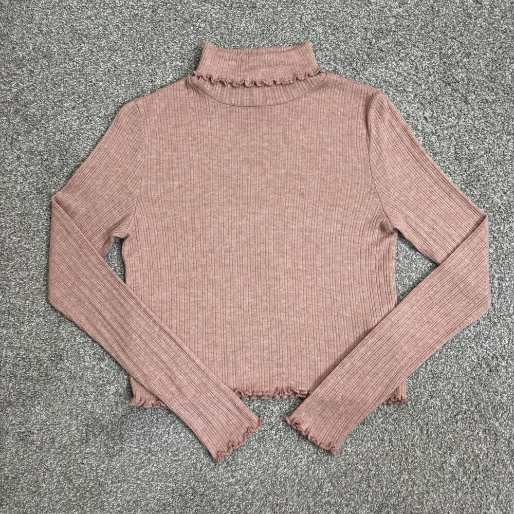 Madewell Sweater Women Small Pink Mock Neck Ruffle Lettuce Hem Minimalist Preppy